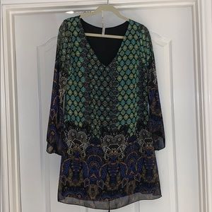 Printed Bell sleeve neck dress sheer sleeves